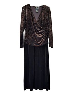 R&K Brown Velvet Maxi Dress with Metallic Embossed Top
